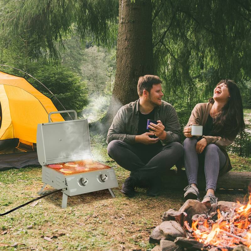2 Burner Propane Gas Grill Outdoor Portable Tabletop BBQ with Foldable Legs Lid Thermometer, for Camping Picnic, Backyard