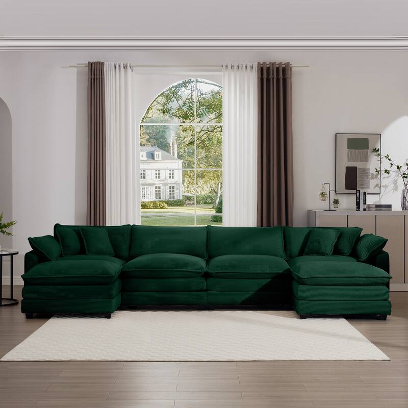U-Shape Modular Sectional Sofa Set with 2 Ottomans, 4-Seat Corduroy Upholstered Sofa with Removable Armrests for Livingroom