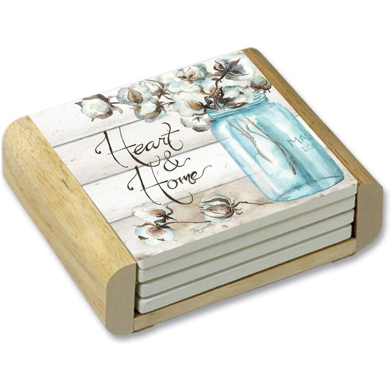 Counterart 4 Pack Absorbent Stone Coaster Set W/ Holder, Cotton Boll - Multi