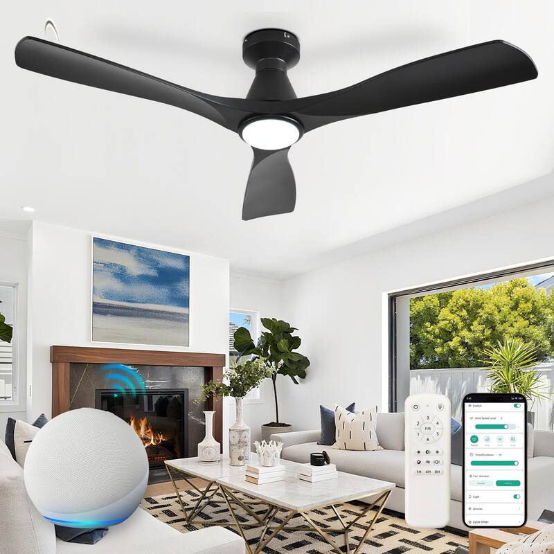 Ceiling Fans with Lights and APP: Flush Mount Low Profile Ceiling Fan for Bedroom - Dimmable Indoor Outdoor Fan - 52in - Black