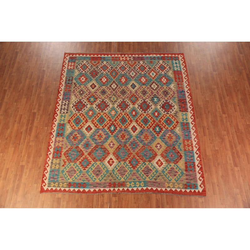 Geometric Kilim Oriental Area Rug Flatweave Multi-Color Wool Carpet - 8'5"x 9'6"