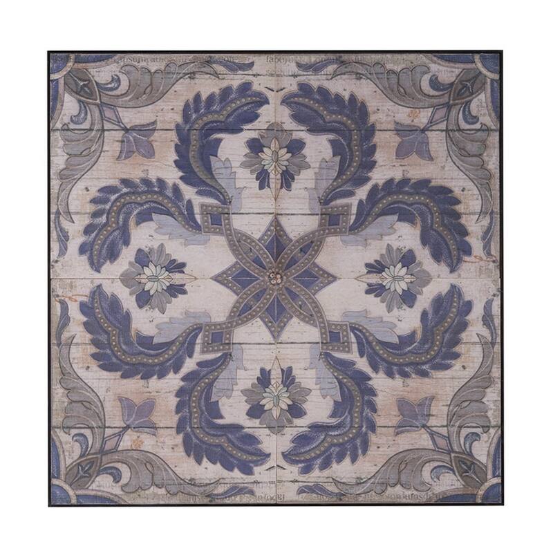 Lina 48 Inch Blooming Wall Art Tile, Square, Floral Mandala, Blue, Ivory