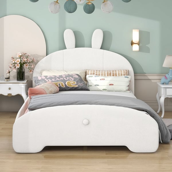 slide 2 of 14, Full Size Upholstered Platform Bed with Cartoon Ears Shaped Headboard White