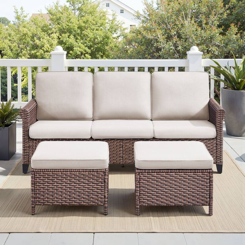 Pocassy Outdoor Sofa Swivel Chairs Patio Chair Funiture Set - 3PCS Sofa w/  Ottoman - Brown Wicker Blue Cushion