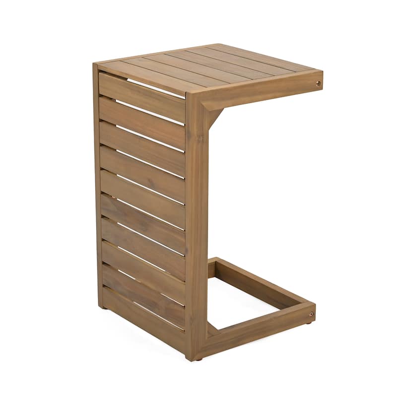 Anmytek Solid Acacia Wood C Shaped Side Table with Slatted Top Natural Finish Indoor Outdoor End Table for Sofa Patio Balcony