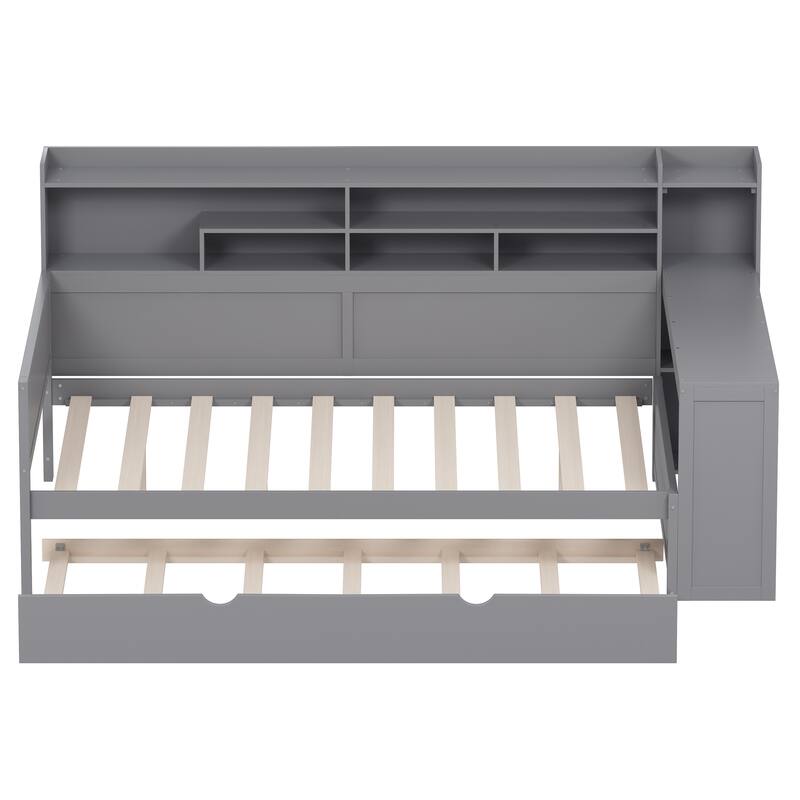 Wooden Full Size Daybed with Storage Shelves, Multi-functional Bed with Twin Size Trundle Bed and Study Desk,Gray
