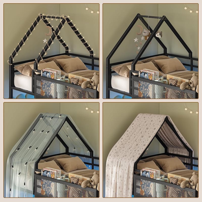 House Low Loft Bed Twin Size Storage Drawers Bookcase LED Lights