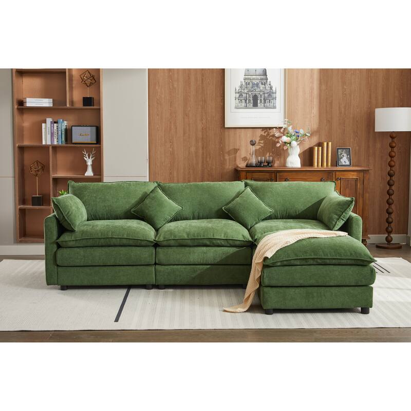 Green 101.18" Chenille Upholstered L-Shaped Modular Sectional Sofa with Movable Ottoman, 4 Pillows, and Double Cushion Seat - Green