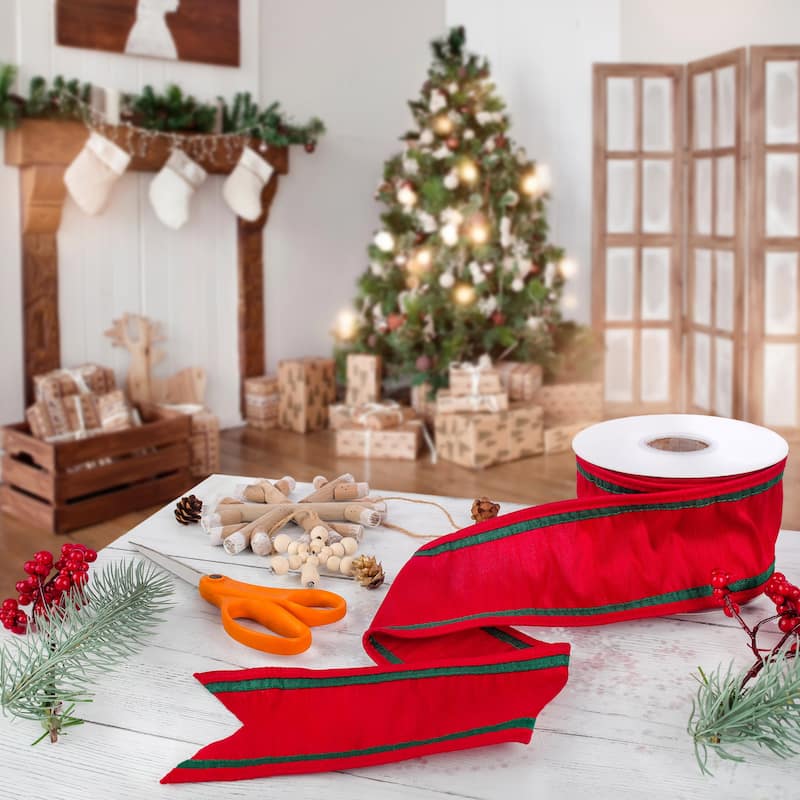 HGTV Home Collection Dupion Double Side Piping Ribbon , Red Green, 3 in - 3 in