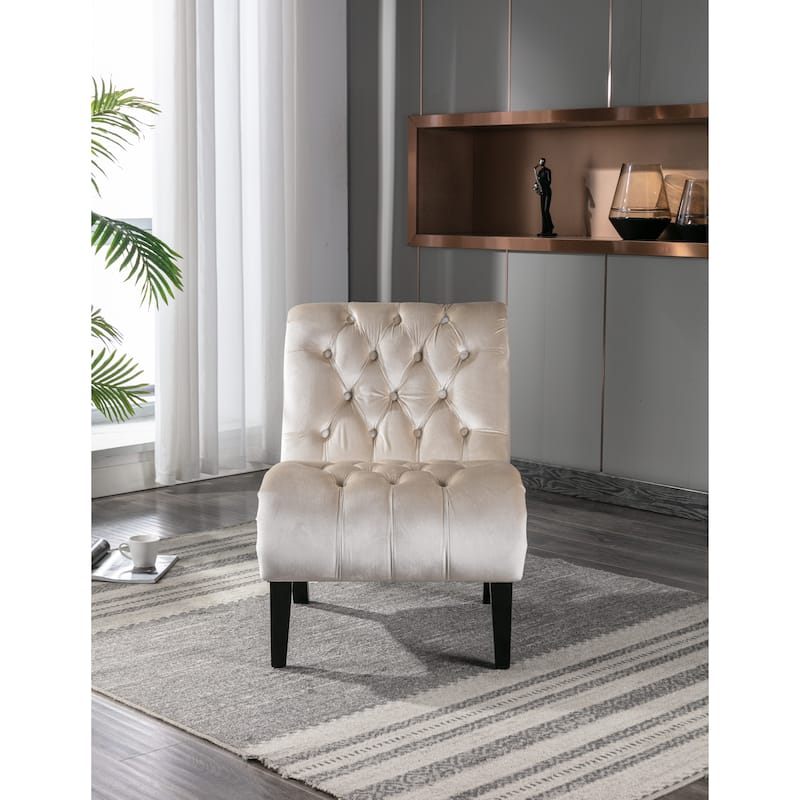 Beige 22.83" Buttons Tufted Accent Chair with Wooden Legs