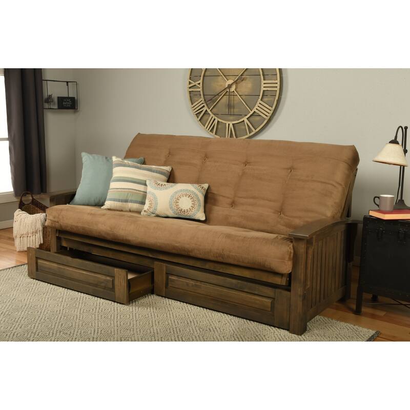 Somette Washington Queen-size Storage Futon Set in Rustic Walnut with Suede Mattress