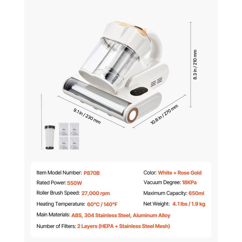 Mattress Vacuum Cleaner with 550W Motor, 18KPa Suction - 10.6 x 9.1 x 8.3 in