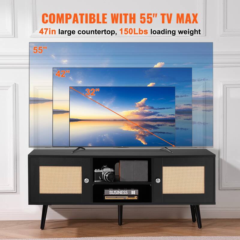 Rattan TV Stand, Mid Century Modern TV Stand, Boho Rattan TV Cabinet with Build-in Socket and USB Ports, Adjustable Shelfs