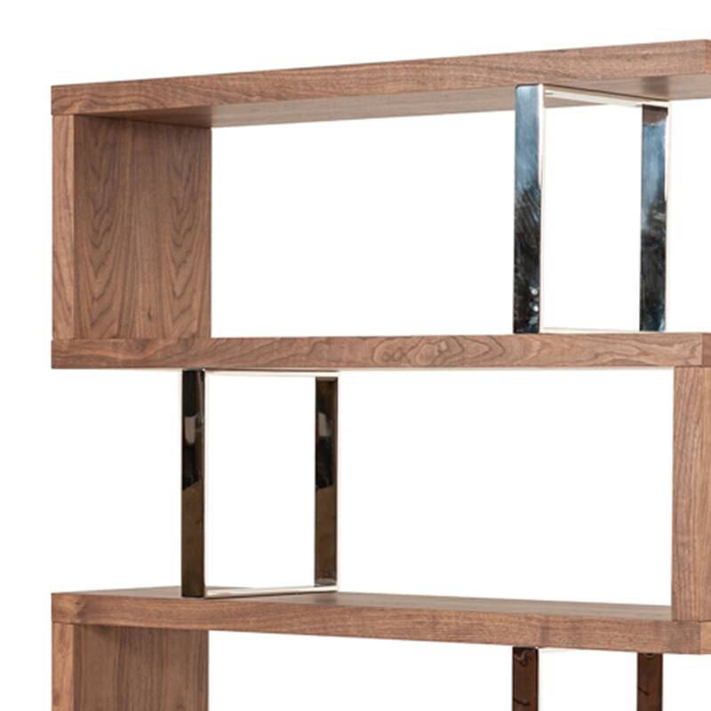 Zig Zag Wooden Frame Shelf Unit with Metal Braces Support, Brown and Silver