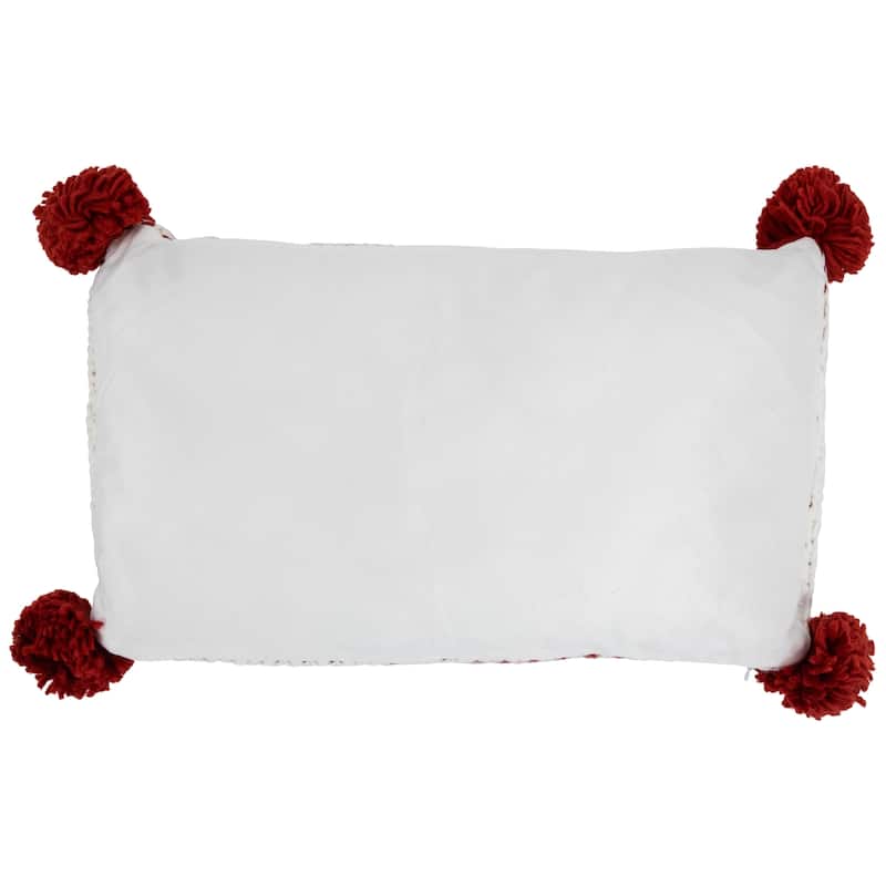19.5" White and Red Knitted Rectangular Throw Pillow with Pom Poms