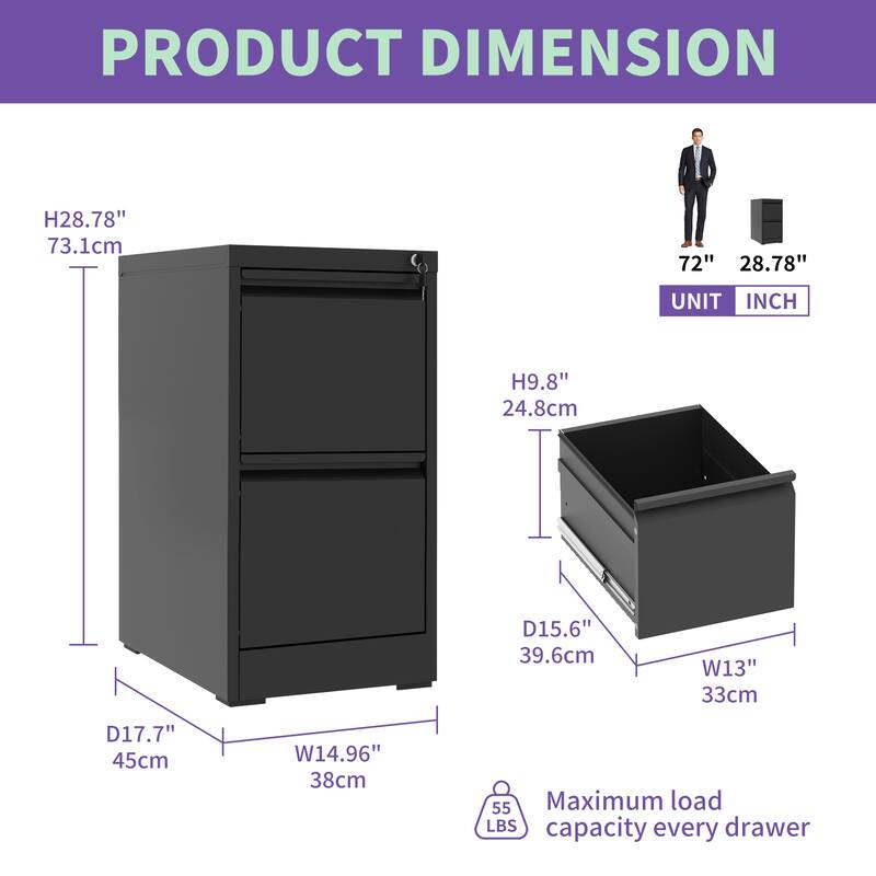 2 Drawer Metal Vertical File Cabinet with Lock Office Home Steel Vertical File Cabinet for A4 Legal/Letter Size - Black