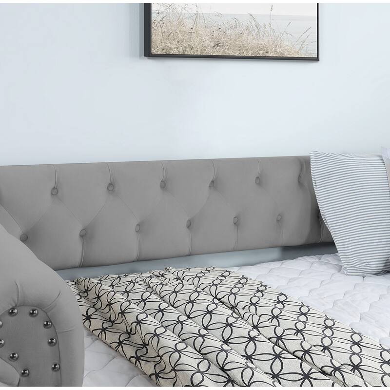 Grey Twin Upholstered Tufted Velvet Daybed with Trundle & Round Armrests