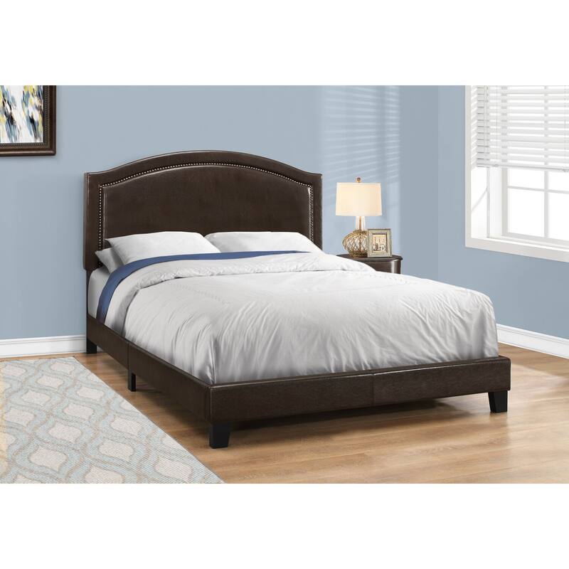 Queen Dark Brown Leather Look Upholstered Bed Frame with Antique Brass Nailhead Trim and Curved Headboard