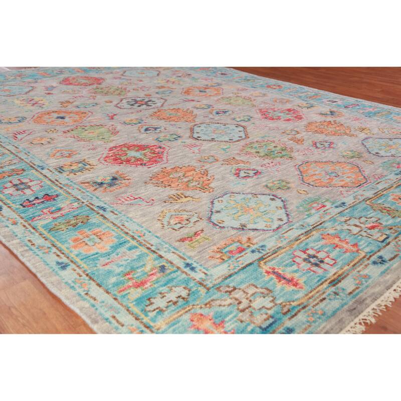 Geometric Oushak Oriental Area Rug Hand-Knotted Wool Carpet - 8'0" x 10'1"