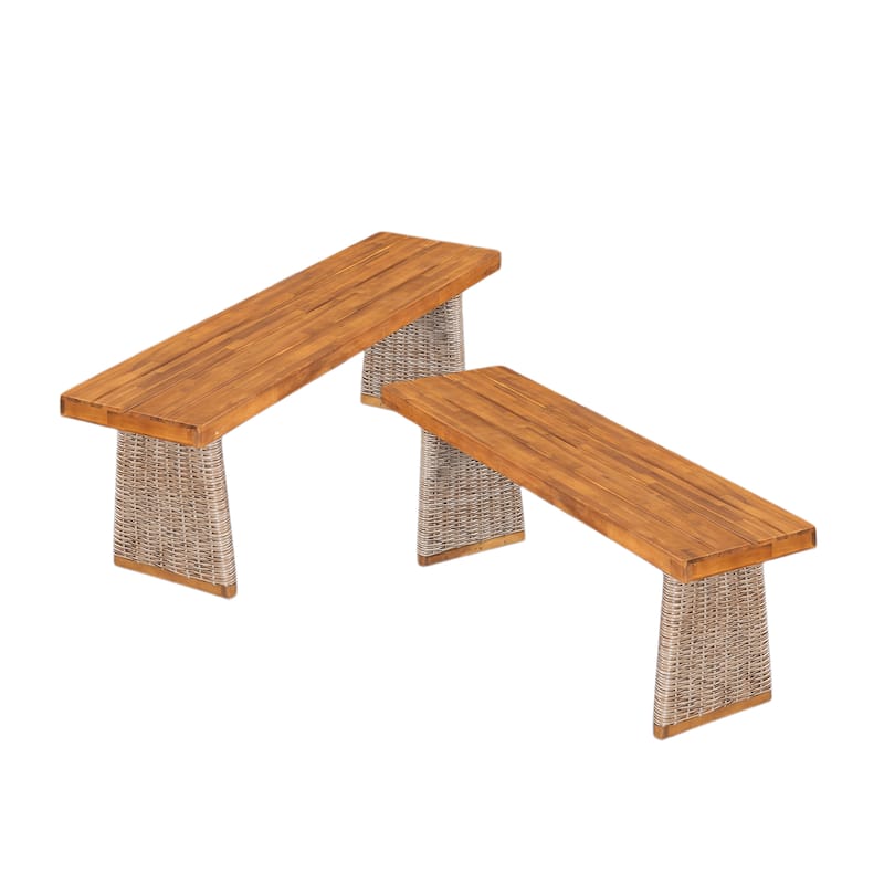 Christopher Knight Home - Rowan Outdoor Acacia Wood Dining Set with Handwoven Rattan Details and Slatted Tabletop