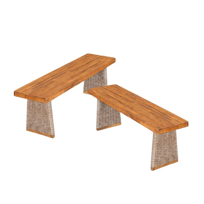 Outdoor Acacia Wood Bench(Set of 2), Teak Finish+ Brown Wicker