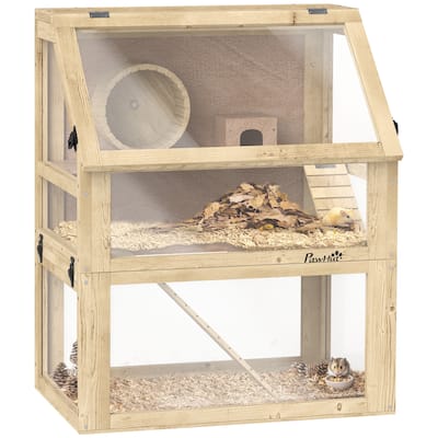 PawHut Wooden Hamster Cage, 3 Tier Small Animal Cage with Detachable 12.6" Deep Bottom, Hut, Seesaw, Exercise Wheel, Ramps