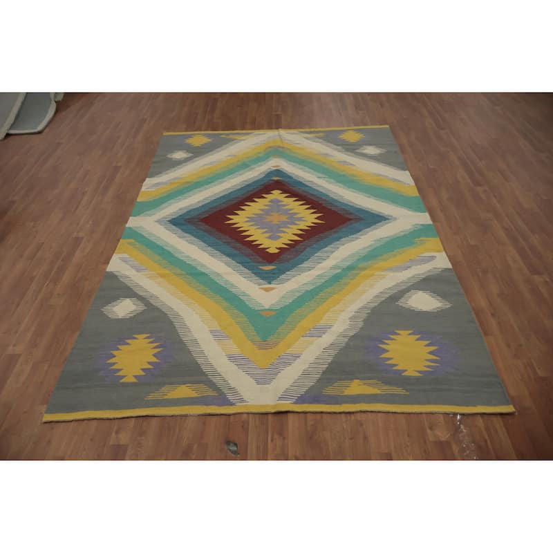 Hand Woven Oriental 100% Wool Carpet Southwestern Tribal Multi-Colored Kilim Area Rug - 9' 9'' X 6' 9''
