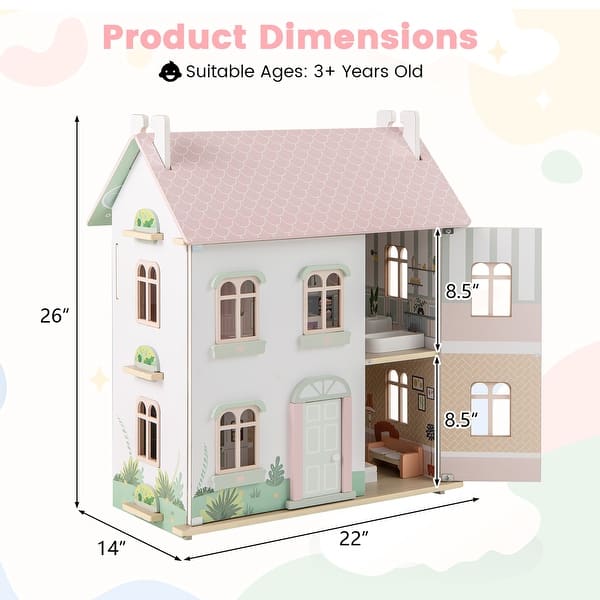 Gymax Kids Wooden Dollhouse w/ Double-Sided Roofs & Openable Doors