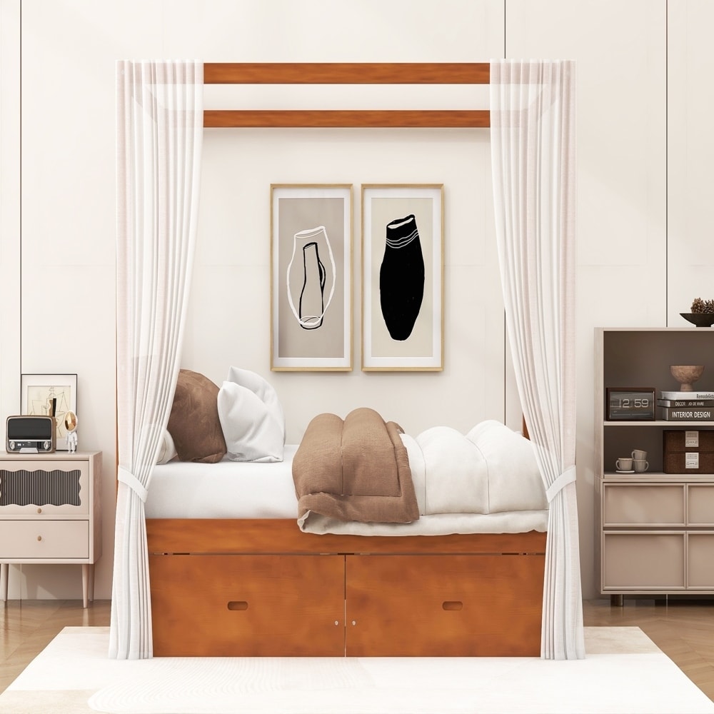 Wooden Canopy Bed with Storage Drawers