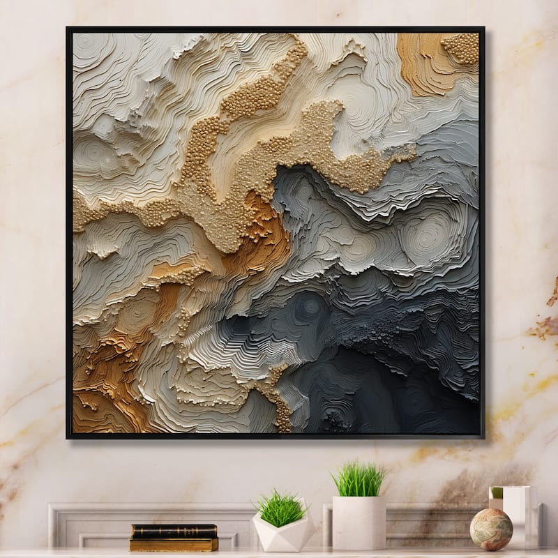 Designart "Gold And Beige River Spiral" Abstract Painting Framed Canvas Wall Art - 36 in. wide x 36 in. high - Black