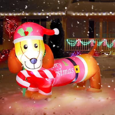 5FT Christmas Inflatables Outdoor Decorations Dachshund Dog with LED - Red