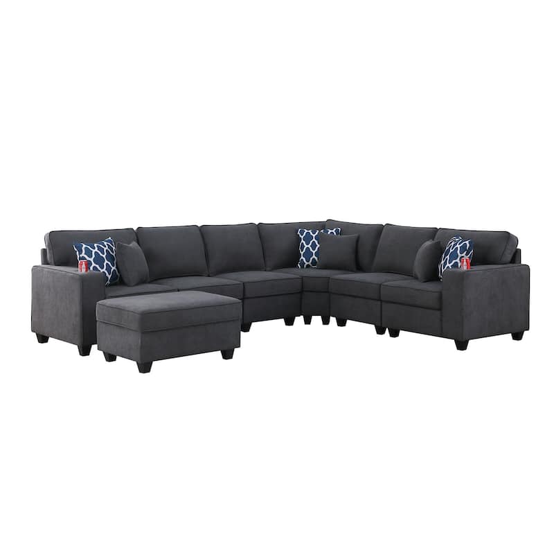 7 Piece Woven Upholstered Sectional Sofa with Ottoman in Stone Gray