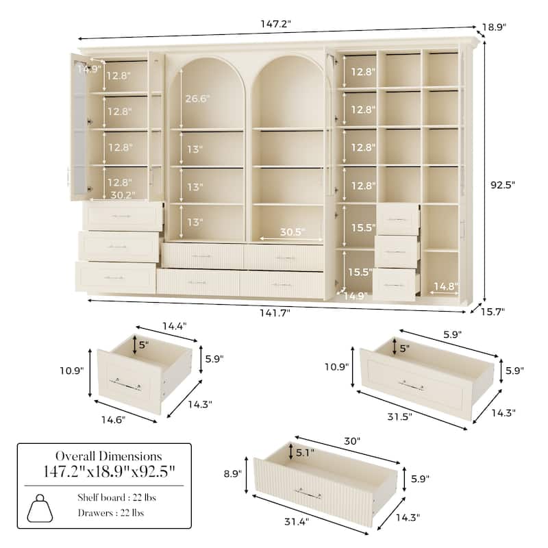 Modular Bookcase with LED Lights, Glass Door Storage Cabinet with Drawers, Large Display Shelving Unit Sideboard