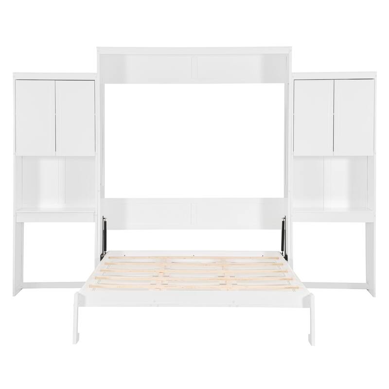Queen Murphy Bed with Fold-Out Desk, Flip-Up Vanity Mirror, and Storage Cabinets, Space-Saving Design