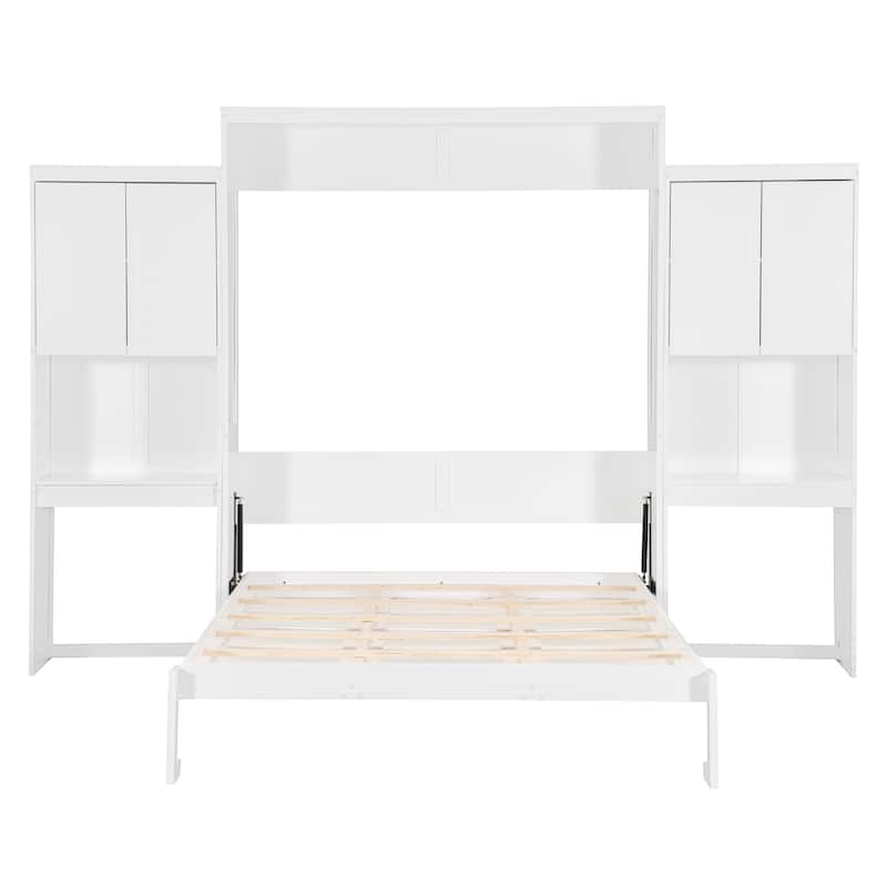 Queen Size Murphy Bed with 2 Doors Bookshelf and Vanity, Traditional Solid Wood Wall Bed, Can be Folded Platform Bed