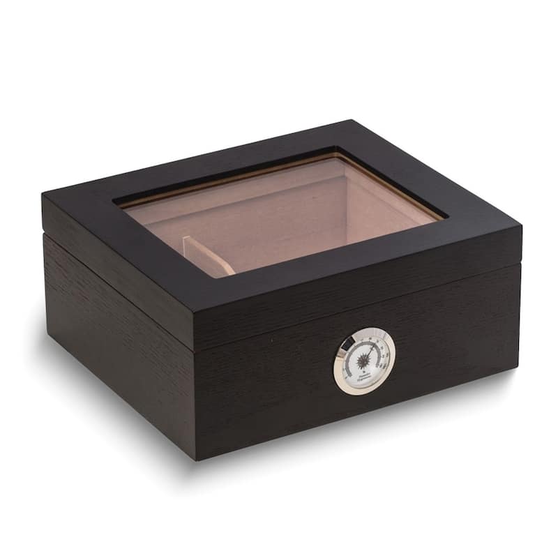 Curata Espresso Finish Wood Glass Lid 50-Cigar Humidor Humidistat External Hygrometer Spanish Cedar Lining