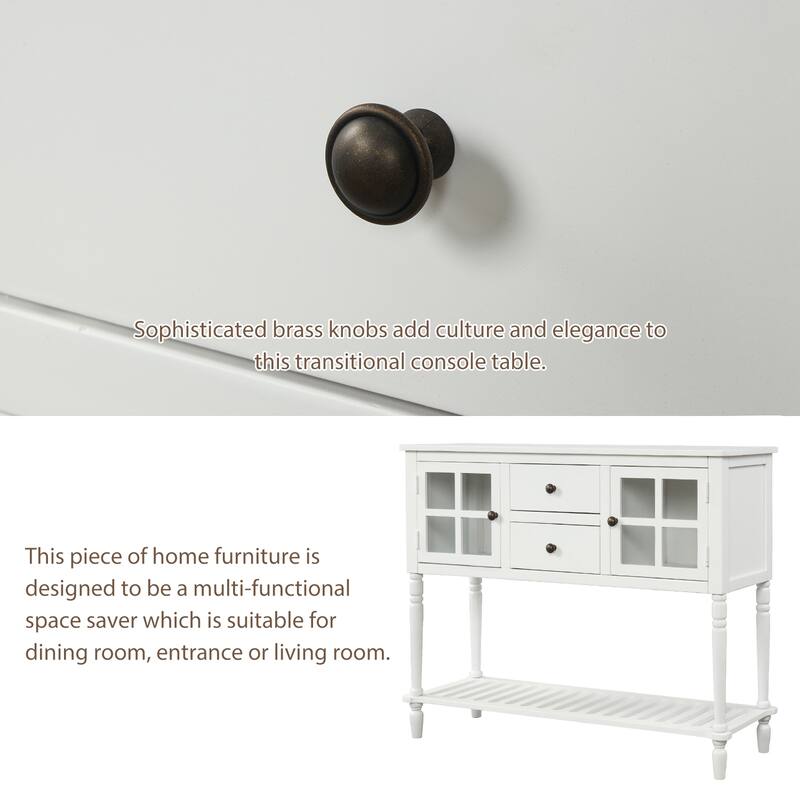Distressed Wood Buffet Cabinet with Roman Legs and Brass Knobs for Entryway and Kitchen Storage