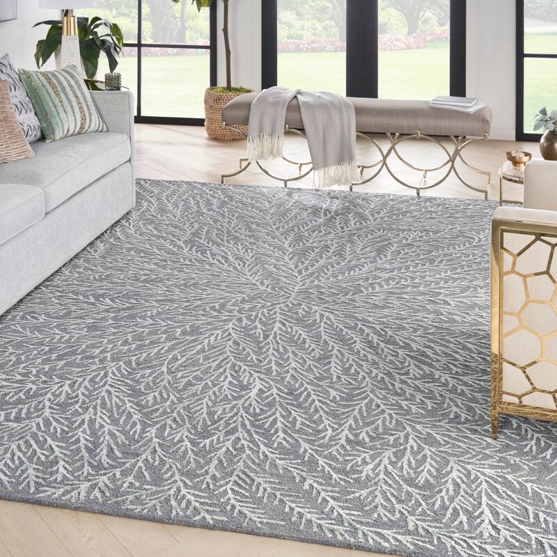 Michael Amini Star Contemporary Textured Botanical Abstract Glam Area Rug - 7'9" x 9'9" - Slate/Teal