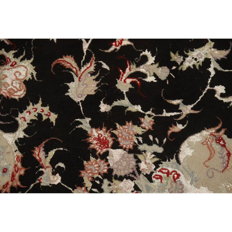 Hand Knotted Oriental Wool & Silk Carpet Traditional Floral Black Tabriz Area Rug - 7' 1'' X 4' 10''