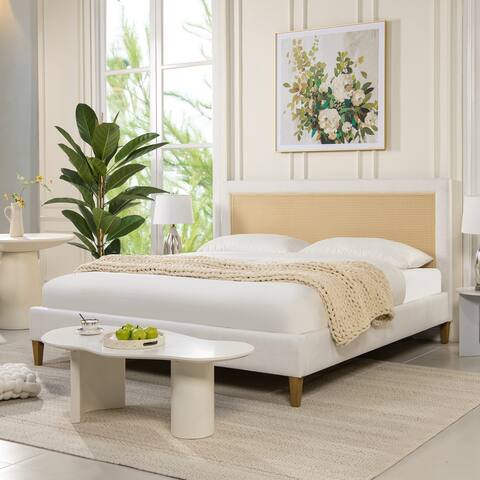 Haley Upholstered Cane-Back Platform Bed, King, Eggshell White Linen