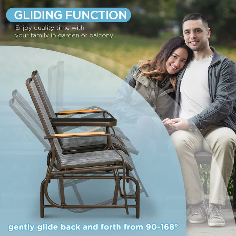 Outdoor Double Glider Bench with Table, Patio Loveseat with Breathable Mesh & Steel Frame