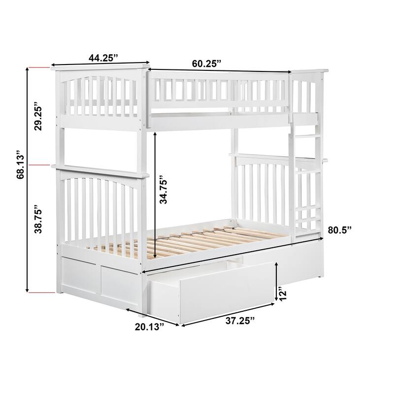AFI Columbia Twin over Twin Size Bunk Bed with Bed Drawers & Charging Station in White