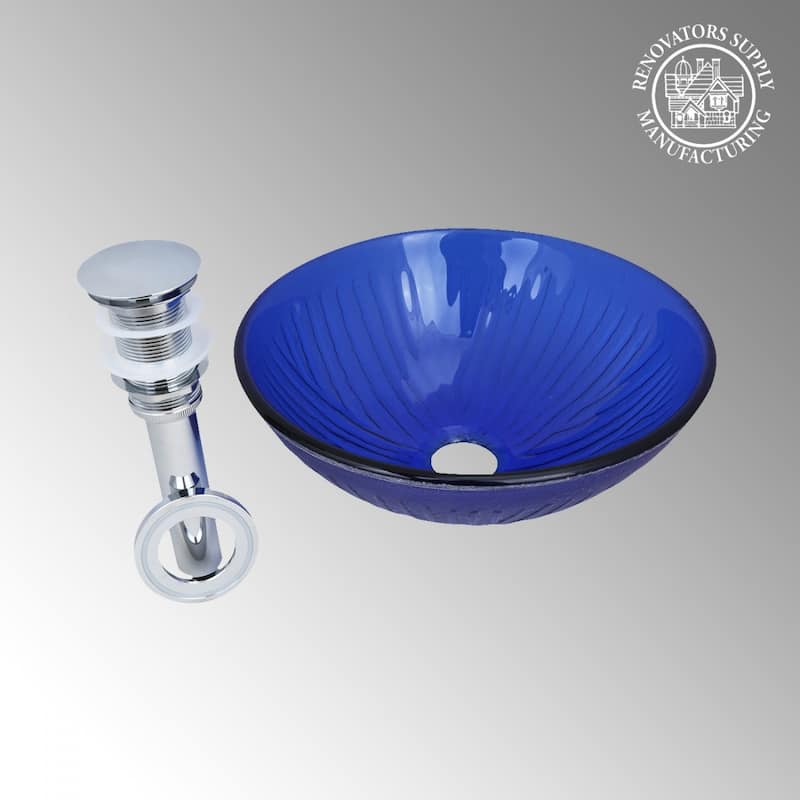 Vessel Sink Blue Tempered Glass Artistic Round Frosted Glass Bathroom Countertop 12" x 12" x 4.88" with Pop-Up Drain