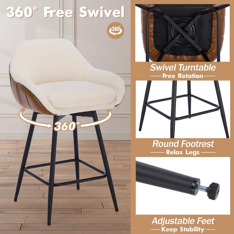 26" Counter Height Bar Stools Set of 2, 360° Swivel Upholstered Barstools for Kitchen Island