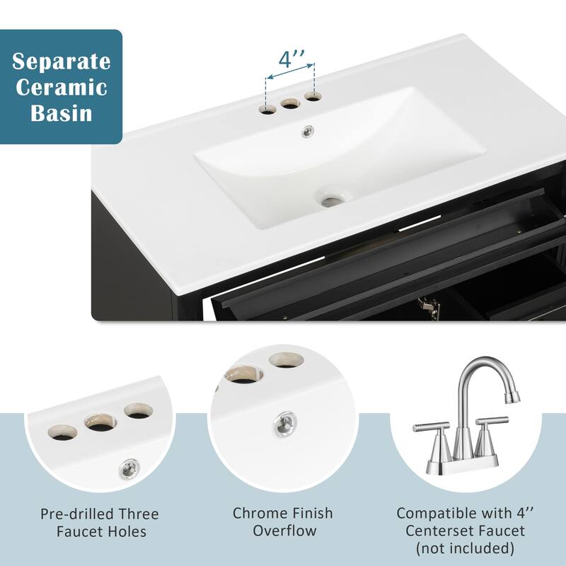 Roomfitters 36" Bathroom Vanity with Sink, Flip-Out Drawer, 3 Drawers, Soft-Close Doors, Solid Wood Cabinet