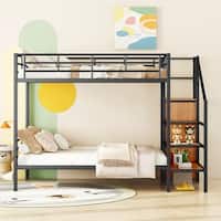 Full Over Full Metal Bunk Bed with Storage Ladder & Wardrobe, Black ...