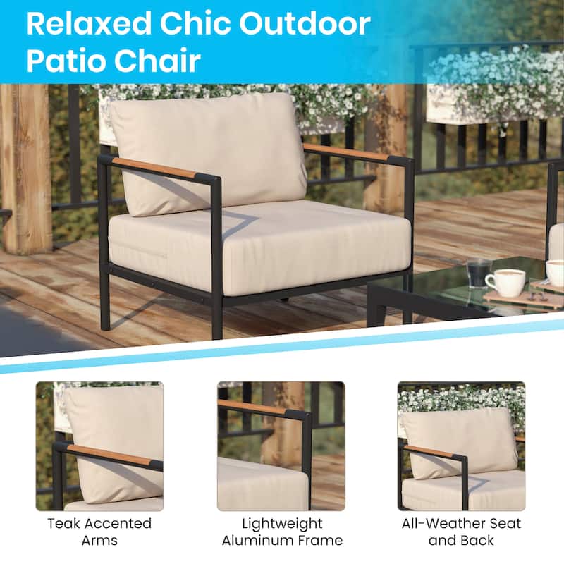Aluminum Frame Patio Chair with Teak Arm Accents and Plush Cushions - 32.5"W x 29.5"D x 24.5"H
