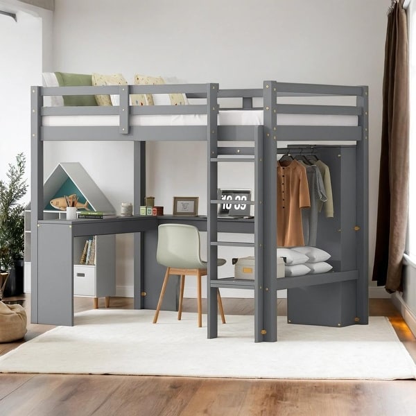 slide 2 of 11, Twin Size Loft Bed with L-Shaped Desk and Headboards, Wood Frame Wardrobe and Storage Shelves,Grey Grey - Twin