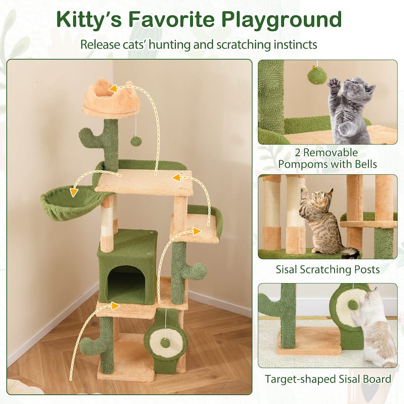 63 Inch Cactus Cat Tree with Sisal Scratching Posts and Board for Indoor Cats - 12" x 12" x 12"