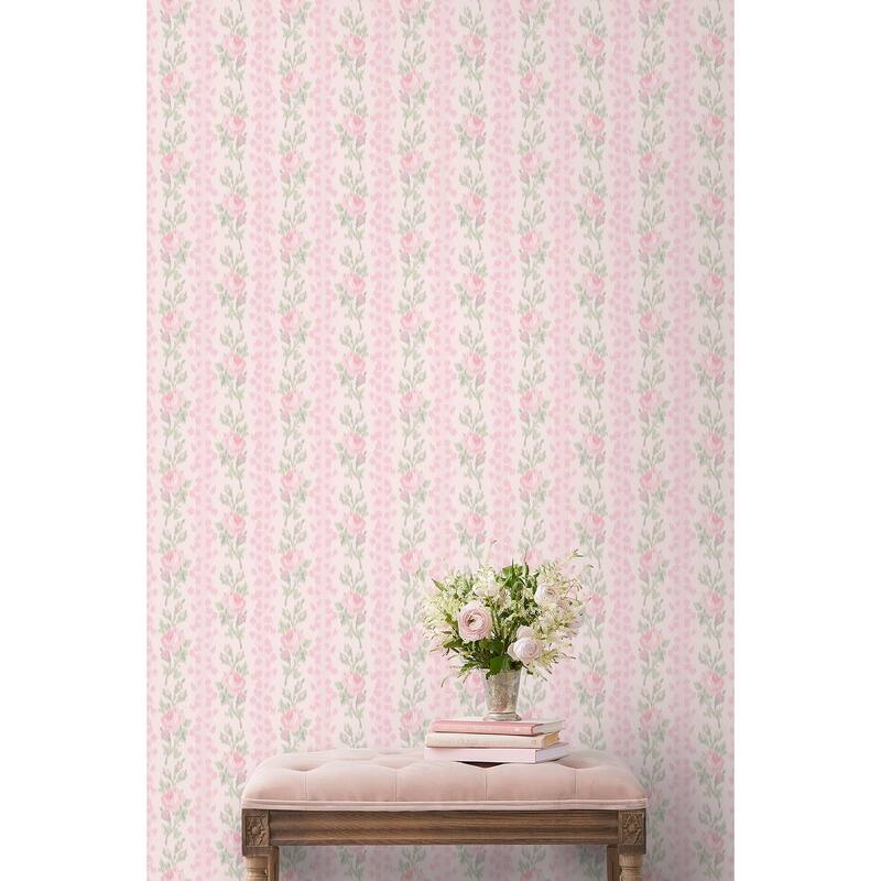 LoveShackFancy NuWallpaper Blooming Heirloom Strawberry Macaron Rose Stripe Peel and Stick Wallpaper
